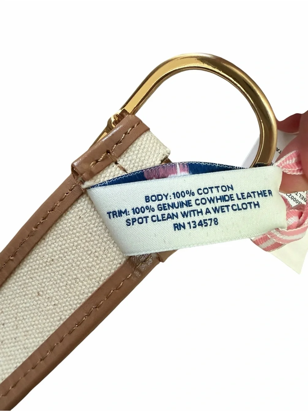Vineyard Vines Cream Canvas Belt with Brown Trim and Gold Buckle